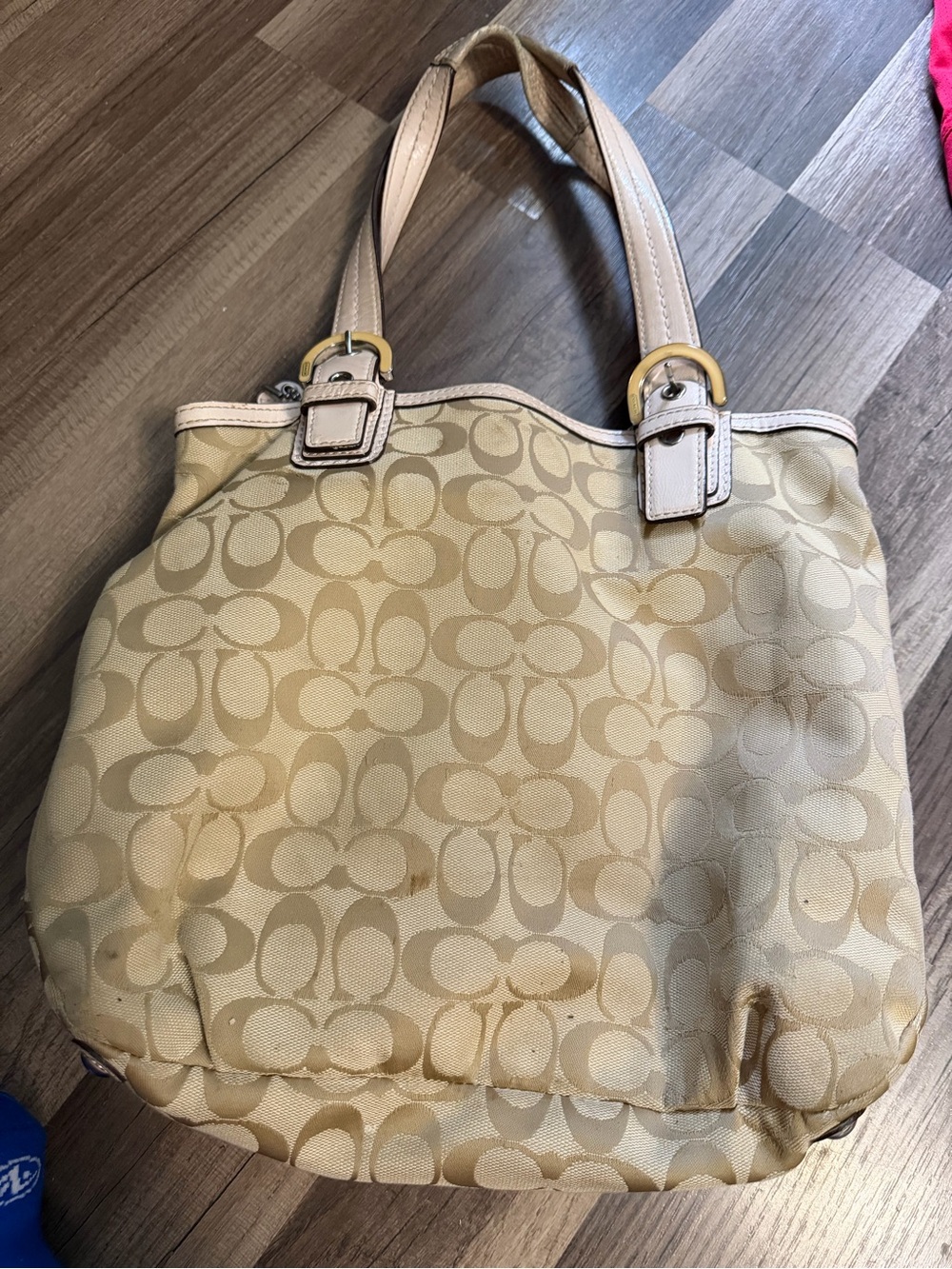 Coach Beige Signature Canvas Tote with Leather Trim